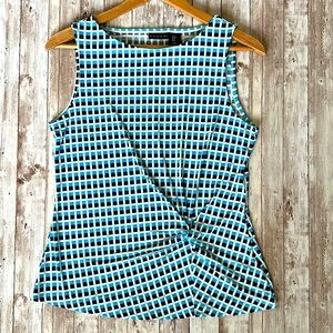NWOT Tahari Women's Sleeveless Tank Top sz Medium Blouse Stretchy Blue Check Geo